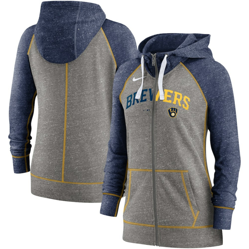 Milwaukee Brewers Nike Women's Split Wordmark Gym Vintage Raglan Lightweight Full-Zip Hoodie - MLB