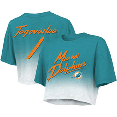 Tua Tagovailoa Miami Dolphins Majestic Threads Women's Dip-Dye Player Name & Number Crop Top Aqua/White | NFL