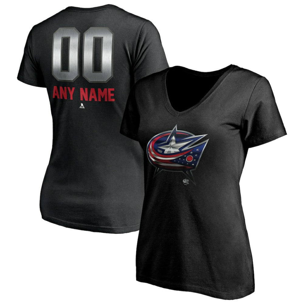 Columbus Blue Jackets Women's Personalized Midnight Mascot Logo V-Neck T-Shirt - Black - NHL