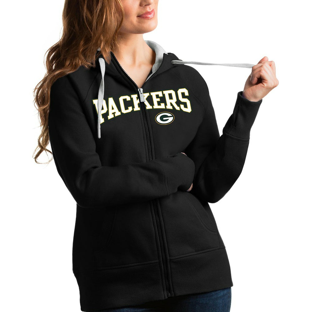 Green Bay Packers Antigua Women's Wordmark Victory Full-Zip Hoodie Black | NFL