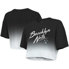 Brooklyn Nets Majestic Threads Women's Dirty Dribble Tri-Blend Cropped T-Shirt Black/White - NBA
