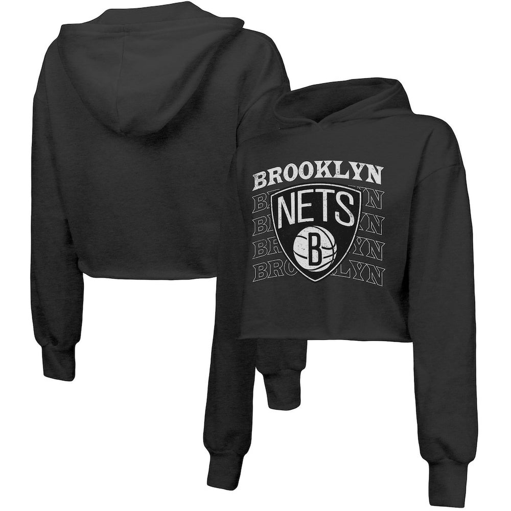 Brooklyn Nets Majestic Threads Women's Repeat Cropped Tri-Blend Pullover Hoodie Black - NBA