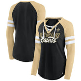 New Orleans Saints Women's True to Form Raglan Lace-Up V-Neck Long Sleeve T-Shirt Black/Gold | Fanatics