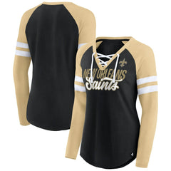New Orleans Saints Women's True to Form Raglan Lace-Up V-Neck Long Sleeve T-Shirt Black/Gold | Fanatics