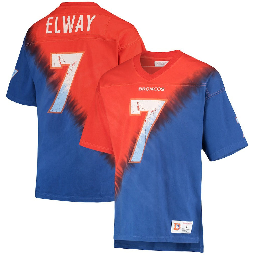 John Elway Denver Broncos Retired Player Name & Number Diagonal Tie-Dye V-Neck T-Shirt Orange/Royal | Mitchell & Ness