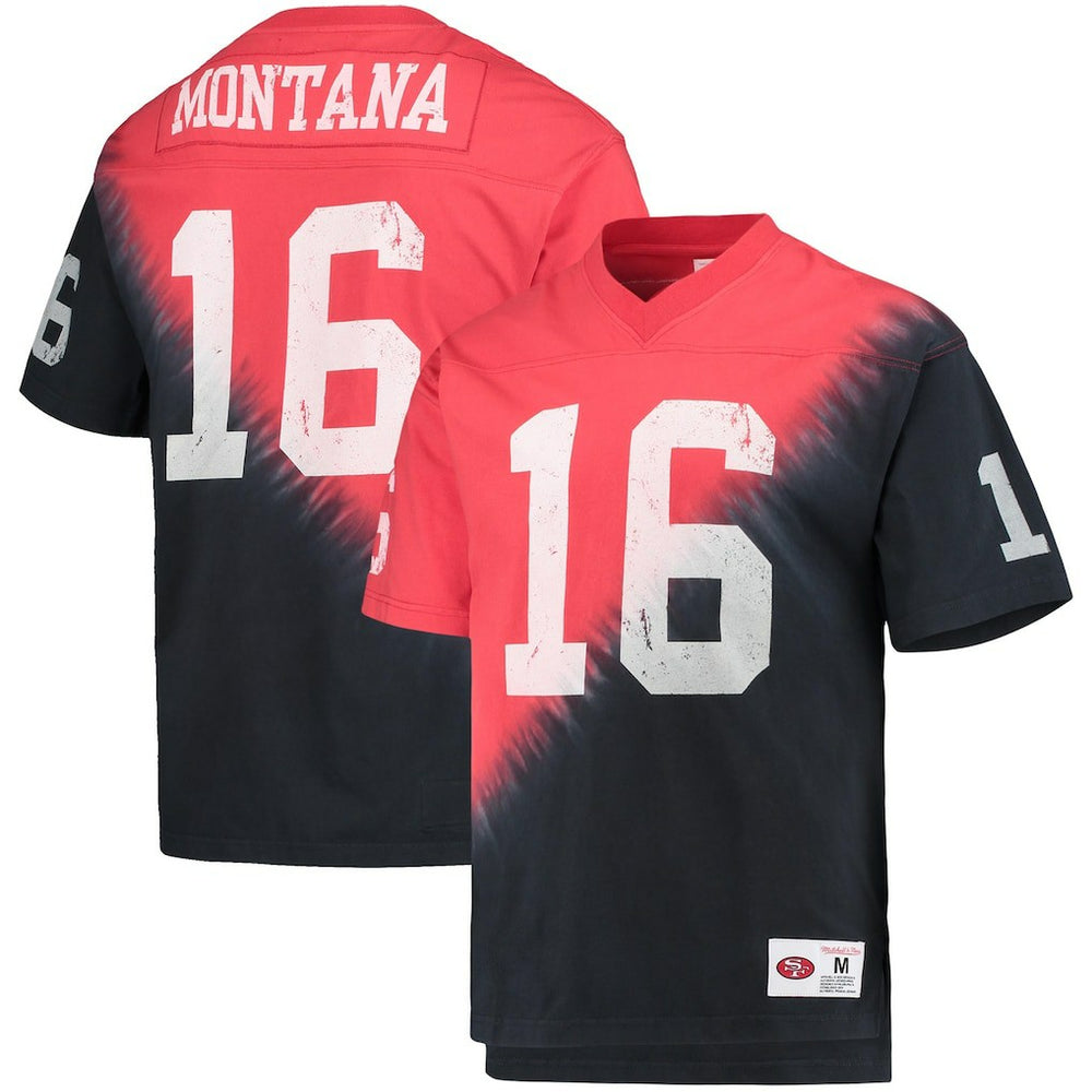 Joe Montana San Francisco 49ers Retired Player Name & Number Diagonal Tie-Dye V-Neck T-Shirt Black/Red | Mitchell & Ness
