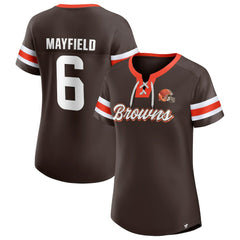 Baker Mayfield Cleveland Browns Women's Athena Name & Number Notch Neck T-Shirt Brown | Fanatics