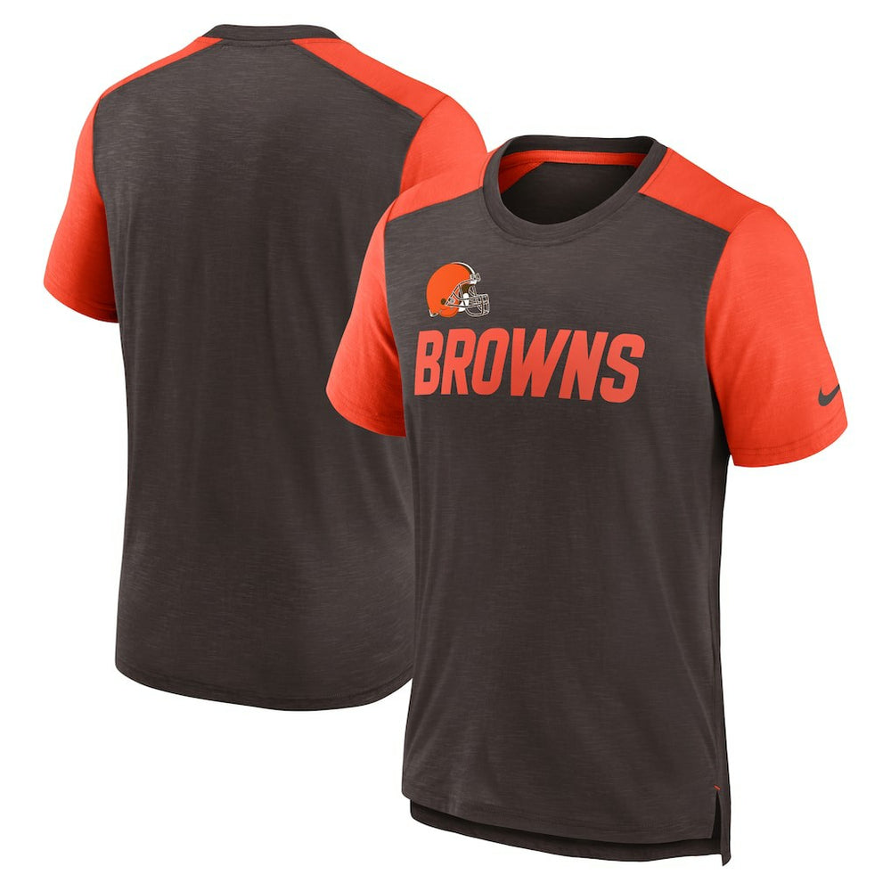 Cleveland Browns Color Block Team Name T-Shirt Heathered Brown/Heathered Orange | Nike for Sale