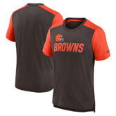 Cleveland Browns Color Block Team Name T-Shirt Heathered Brown/Heathered Orange | Nike for Sale