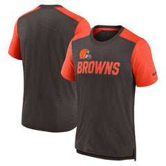 Cleveland Browns Color Block Team Name T-Shirt Heathered Brown/Heathered Orange | Nike for Sale