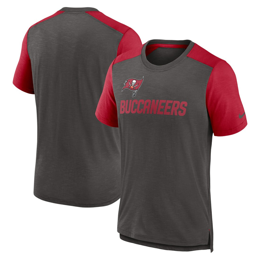 Tampa Bay Buccaneers Color Block Team Name T-Shirt Heathered Pewter/Heathered Red | Nike for Sale