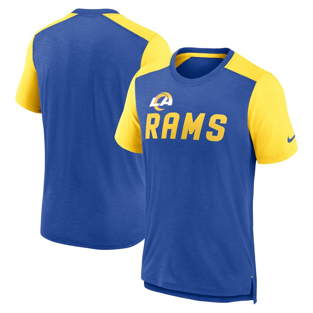Los Angeles Rams Color Block Team Name T-Shirt Heathered Royal/Heathered Gold | Nike for Sale