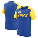 Los Angeles Rams Color Block Team Name T-Shirt Heathered Royal/Heathered Gold | Nike for Sale