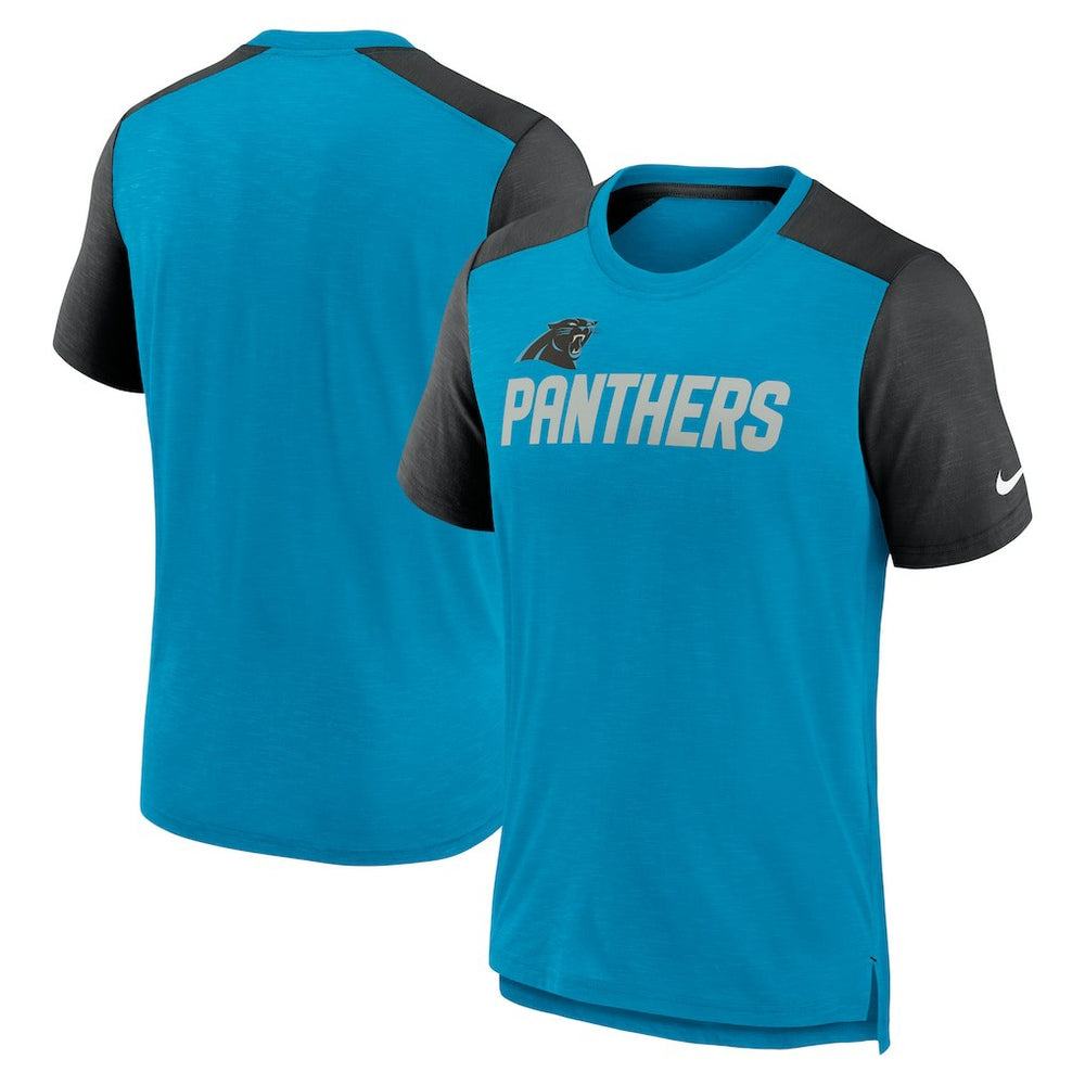 Carolina Panthers Color Block Team Name T-Shirt Heathered Blue/Heathered Black | Nike for Sale