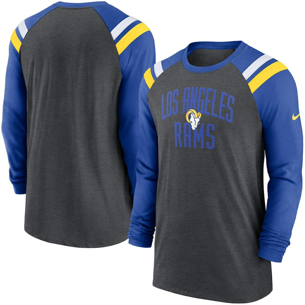 Los Angeles Rams Tri-Blend Raglan Athletic Long Sleeve Fashion T-Shirt Heathered Charcoal/Royal | Nike for Sale
