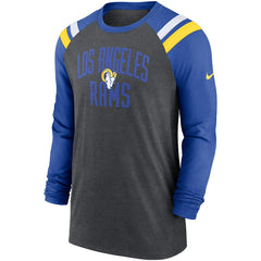 Los Angeles Rams Tri-Blend Raglan Athletic Long Sleeve Fashion T-Shirt Heathered Charcoal/Royal | Nike for Sale