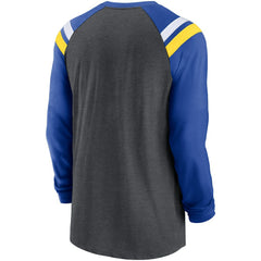 Los Angeles Rams Tri-Blend Raglan Athletic Long Sleeve Fashion T-Shirt Heathered Charcoal/Royal | Nike for Sale