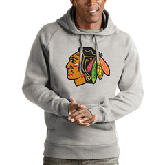 Chicago Blackhawks Antigua Logo Victory Pullover Hoodie - Heathered Gray - NHL