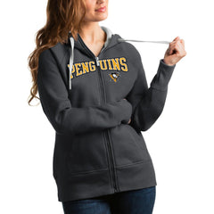 Pittsburgh Penguins Antigua Women's Wordmark Victory Full-Zip Hoodie - Charcoal - NHL