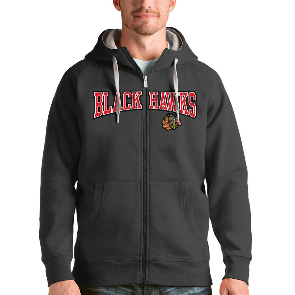 Chicago Blackhawks Antigua Wordmark Victory Full-Zip Hoodie - Charcoal - NHL