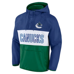 Vancouver Canucks Fanatics Backhand Shooter Defender Anorak Raglan Hoodie Quarter-Zip Jacket - Blue/Green - NHL