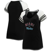 Miami Marlins Soft as a Grape Women's Curvy Color Block Tri-Blend Raglan V-Neck T-Shirt - MLB