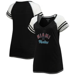 Miami Marlins Soft as a Grape Women's Curvy Color Block Tri-Blend Raglan V-Neck T-Shirt - MLB