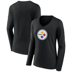 Pittsburgh Steelers Women's Primary Team Logo Long Sleeve V-Neck T-Shirt Black | NFL