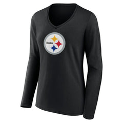Pittsburgh Steelers Women's Primary Team Logo Long Sleeve V-Neck T-Shirt Black | NFL