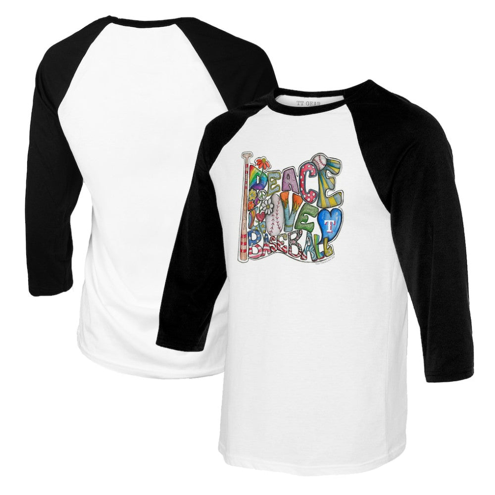 Texas Rangers Tiny Turnip Women's Peace Love Baseball 3/4-Sleeve Raglan T-Shirt - MLB