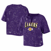 Los Angeles Lakers WEAR by Erin Andrews Women's Bleach Splatter Notch Neck T-Shirt Purple - NBA