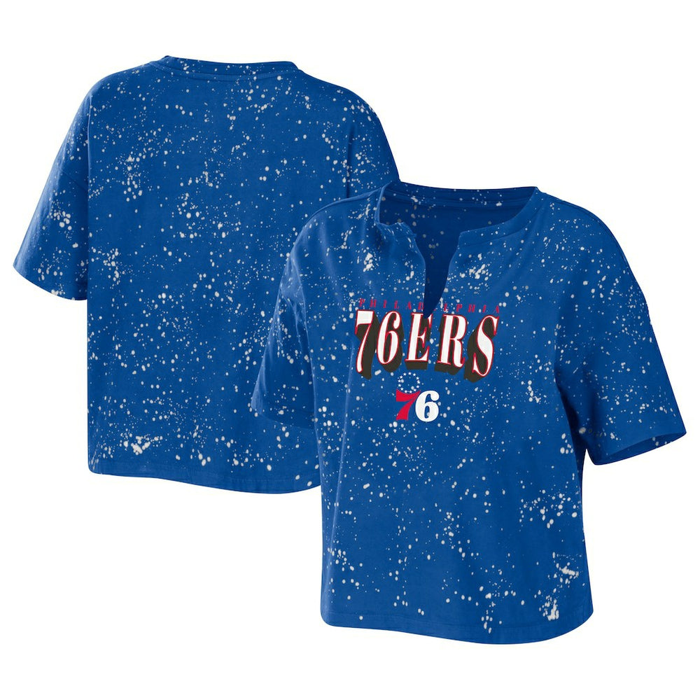 Philadelphia 76ers WEAR by Erin Andrews Women's Bleach Splatter Notch Neck T-Shirt Royal - NBA