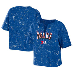 Philadelphia 76ers WEAR by Erin Andrews Women's Bleach Splatter Notch Neck T-Shirt Royal - NBA
