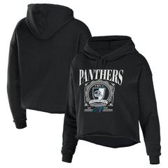Carolina Panthers WEAR by Erin Andrews Women's Cropped Sponge Fleece Pullover Hoodie Black | NFL