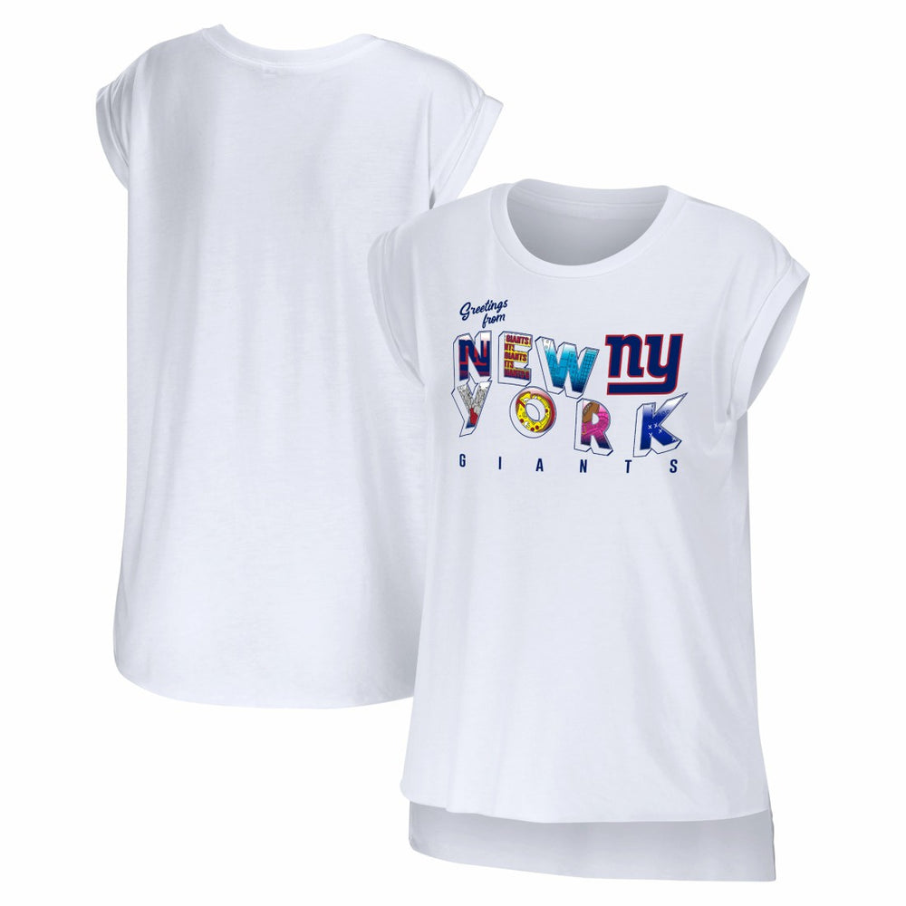 New York Giants WEAR by Erin Andrews Women's Greetings From Muscle T-Shirt White | NFL