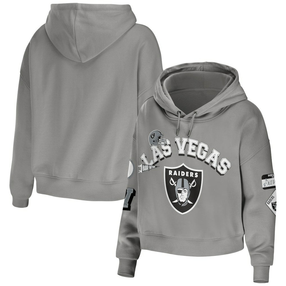 Las Vegas Raiders WEAR by Erin Andrews Women's Plus Size Modest Cropped Pullover Hoodie Gray | NFL