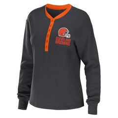 Cleveland Browns WEAR by Erin Andrews Women's Waffle Henley Long Sleeve T-Shirt Charcoal | NFL
