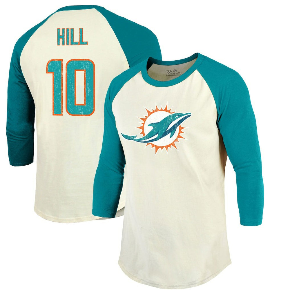 Tyreek Hill Miami Dolphins Majestic Threads Vintage Player Name & Number Raglan 3/4-Sleeve T-Shirt Cream/Aqua | NFL
