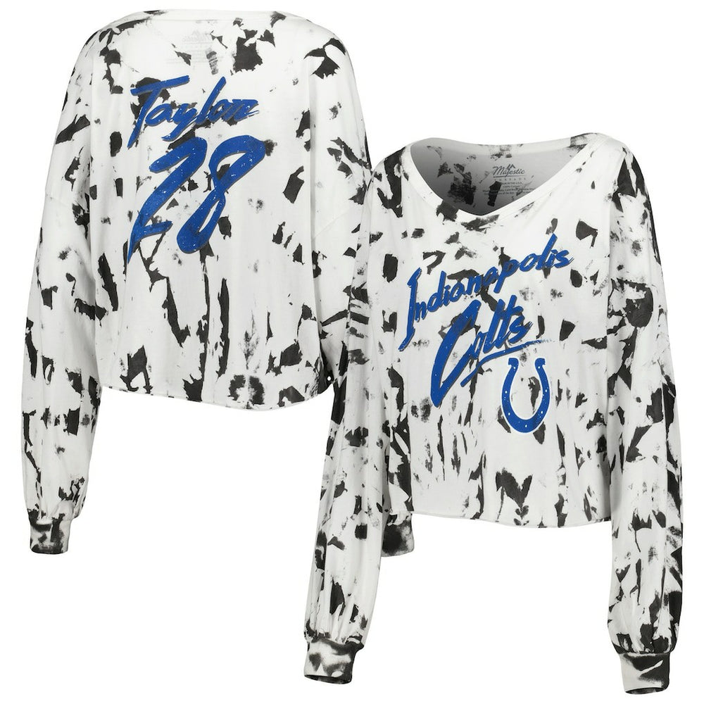 Jonathan Taylor Indianapolis Colts Majestic Threads Women's Off-Shoulder Tie-Dye Name & Number Cropped Long Sleeve V-Neck T-Shirt White | NFL