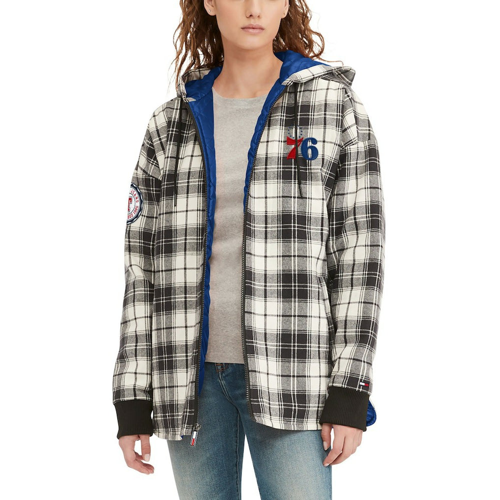 Philadelphia 76ers Tommy Jeans Women's Molly Flannel Full-Zip Hoodie Black/Cream - NBA