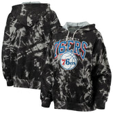 Philadelphia 76ers Majestic Threads Women's Burble Tie-Dye Tri-Blend Pullover Hoodie Black - NBA