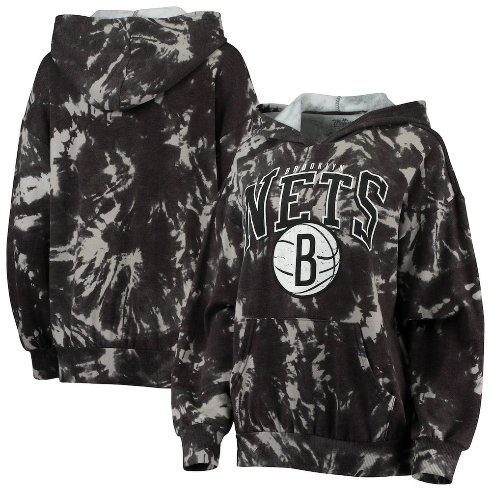 Brooklyn Nets Majestic Threads Women's Burble Tie-Dye Tri-Blend Pullover Hoodie Black - NBA