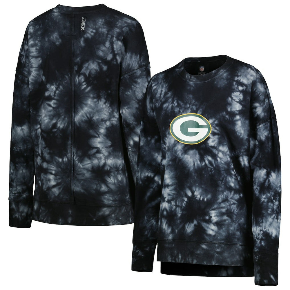 Green Bay Packers MSX by Michael Strahan Women's Bailey Tie-Dye Tri-Blend Pullover Sweatshirt Black | NFL