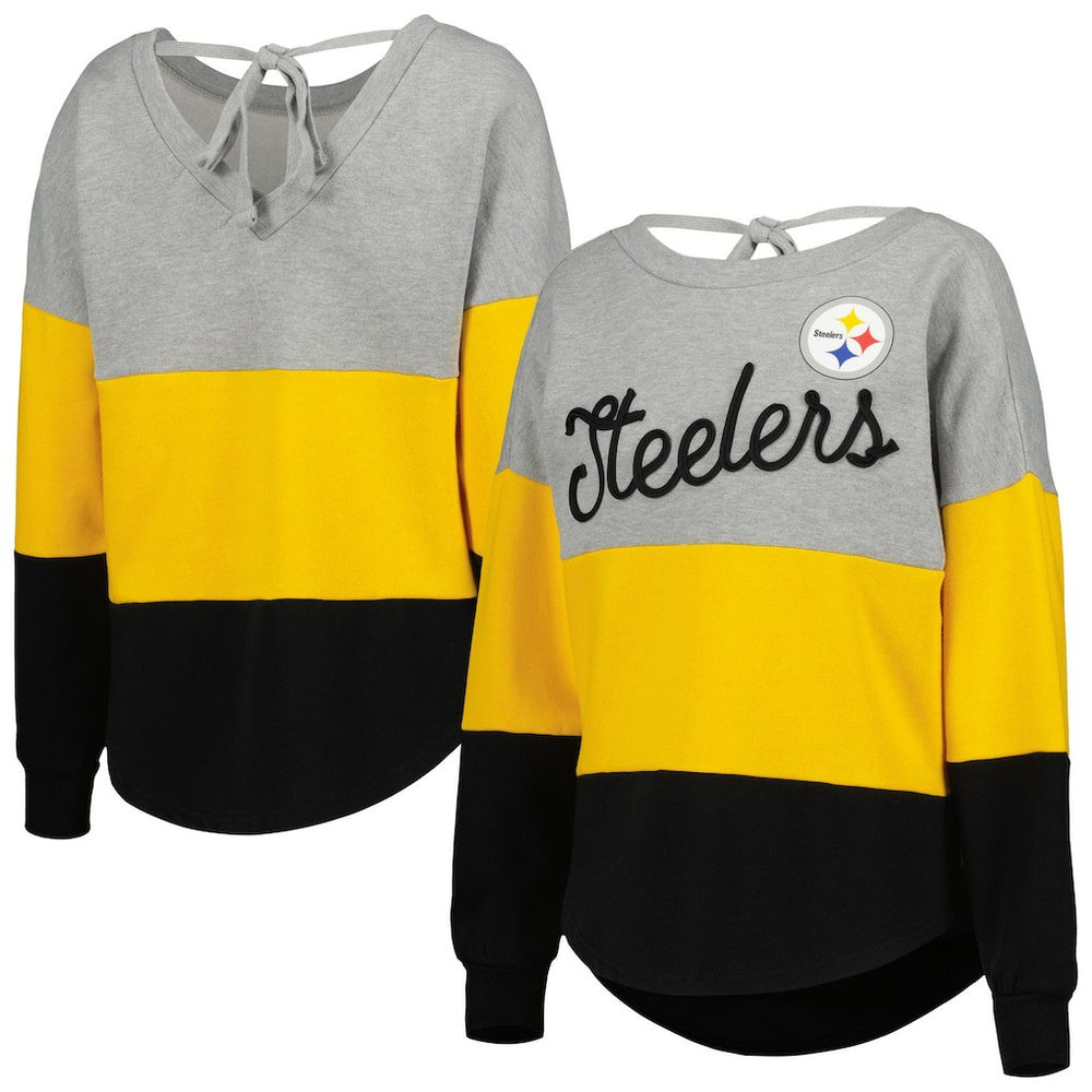 Pittsburgh Steelers Touch Women's Outfield Deep V-Back Waist Length Pullover Sweatshirt Heather Gray/Black | NFL