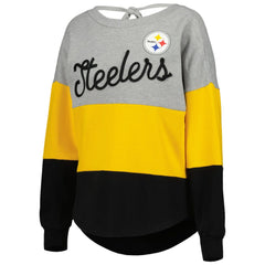 Pittsburgh Steelers Touch Women's Outfield Deep V-Back Waist Length Pullover Sweatshirt Heather Gray/Black | NFL