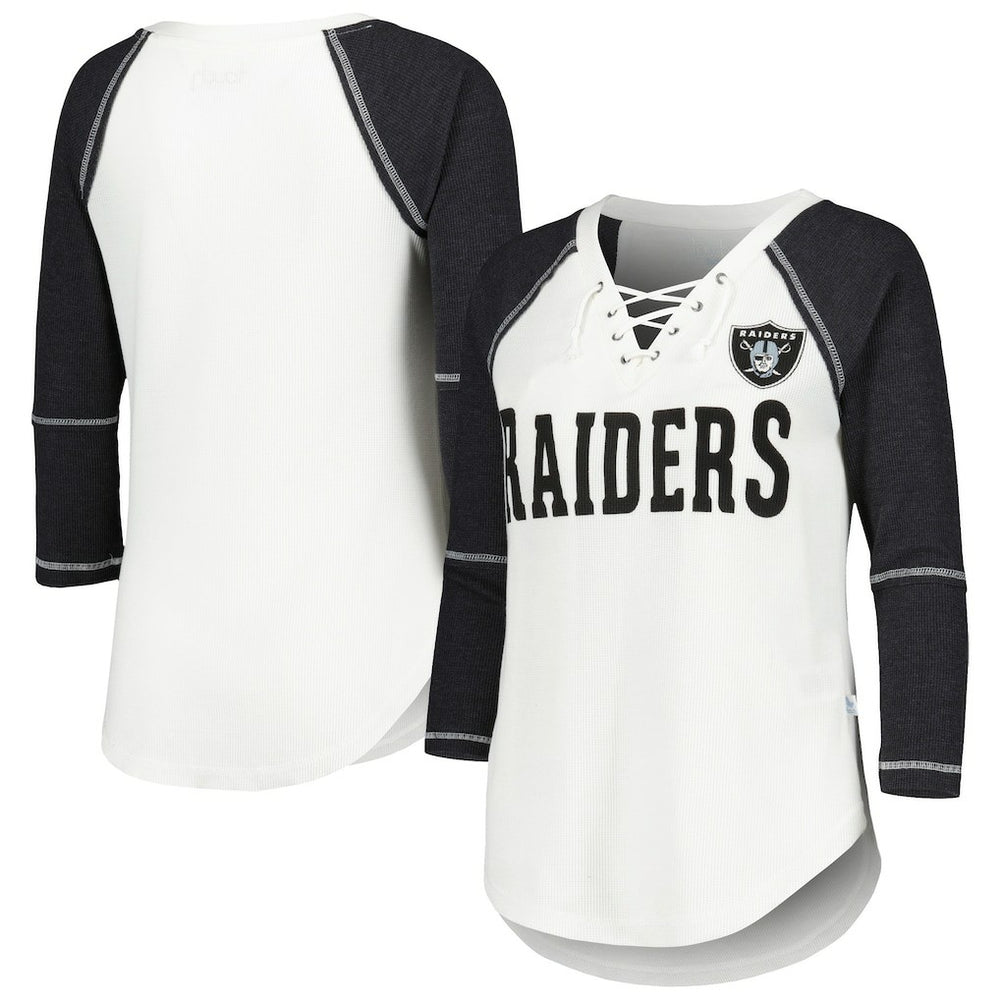 Las Vegas Raiders Touch Women's Rebel Raglan Tri-Blend 3/4-Sleeve Lace-Up V-Neck T-Shirt White/Black | NFL