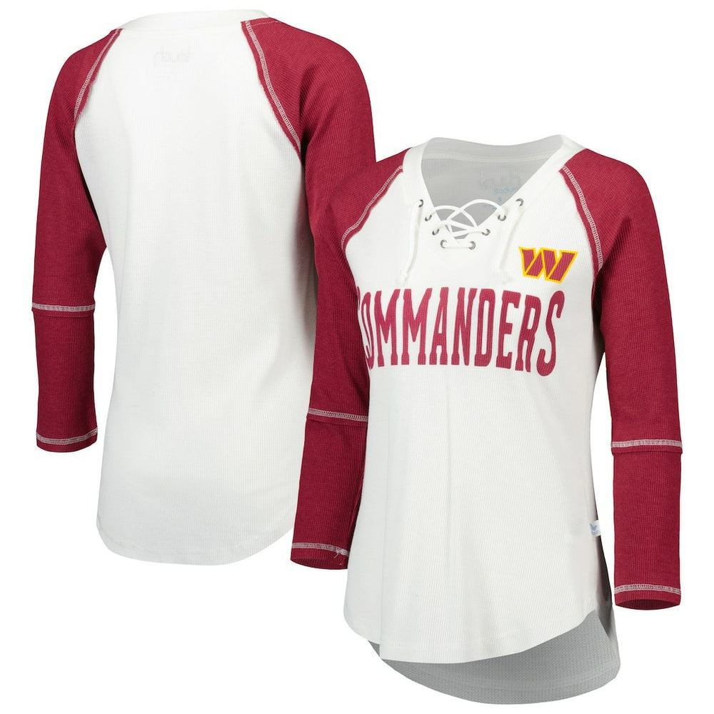 Washington Commanders Touch Women's Rebel Raglan Tri-Blend 3/4-Sleeve Lace-Up V-Neck T-Shirt White/Burgundy | NFL