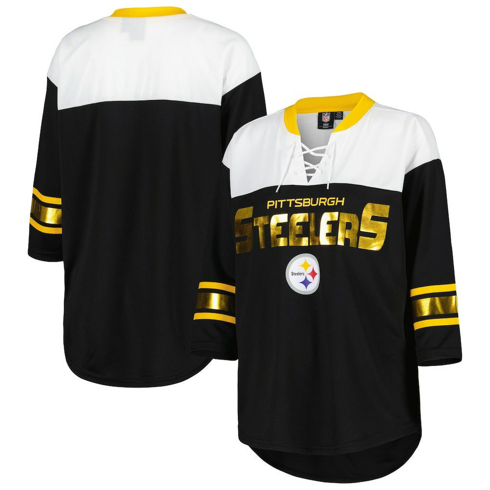 Pittsburgh Steelers G-III 4Her by Carl Banks Women's Double Team 3/4-Sleeve Lace-Up T-Shirt Black/White | NFL
