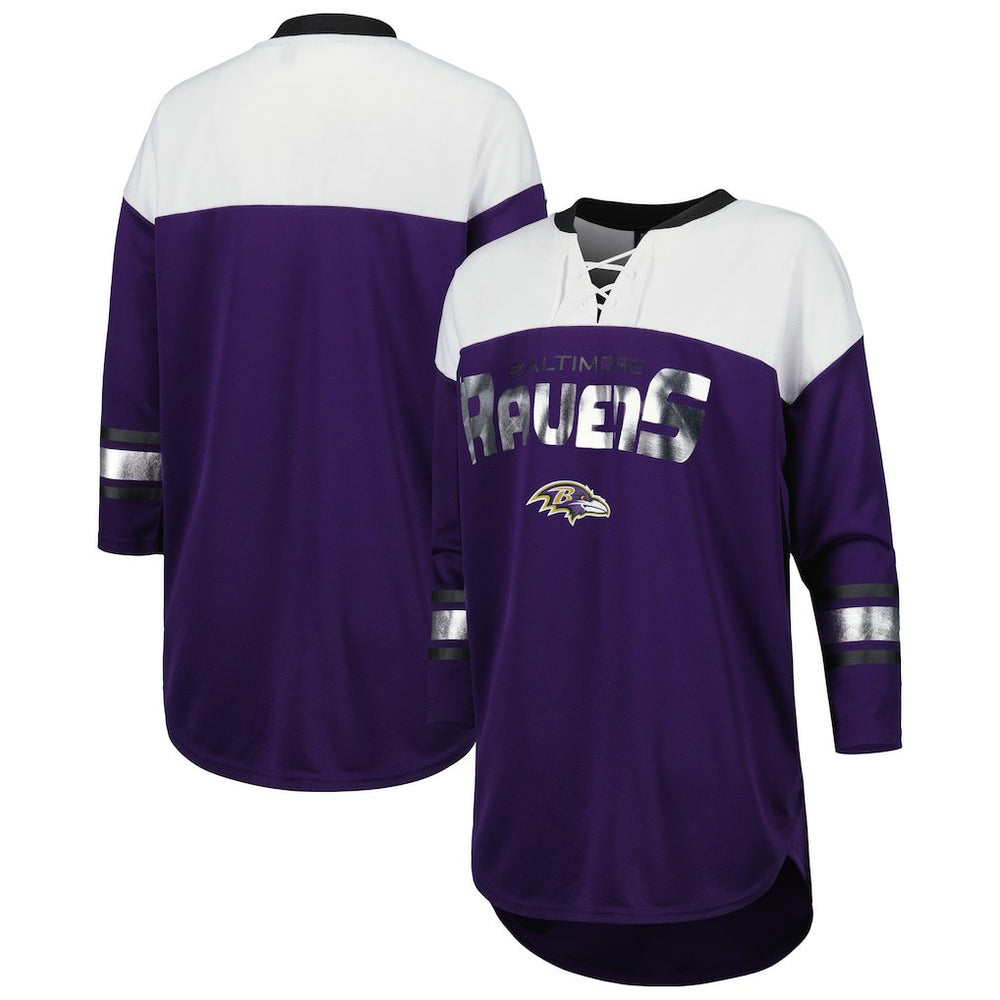 Baltimore Ravens G-III 4Her by Carl Banks Women's Double Team 3/4-Sleeve Lace-Up T-Shirt Purple/White | NFL