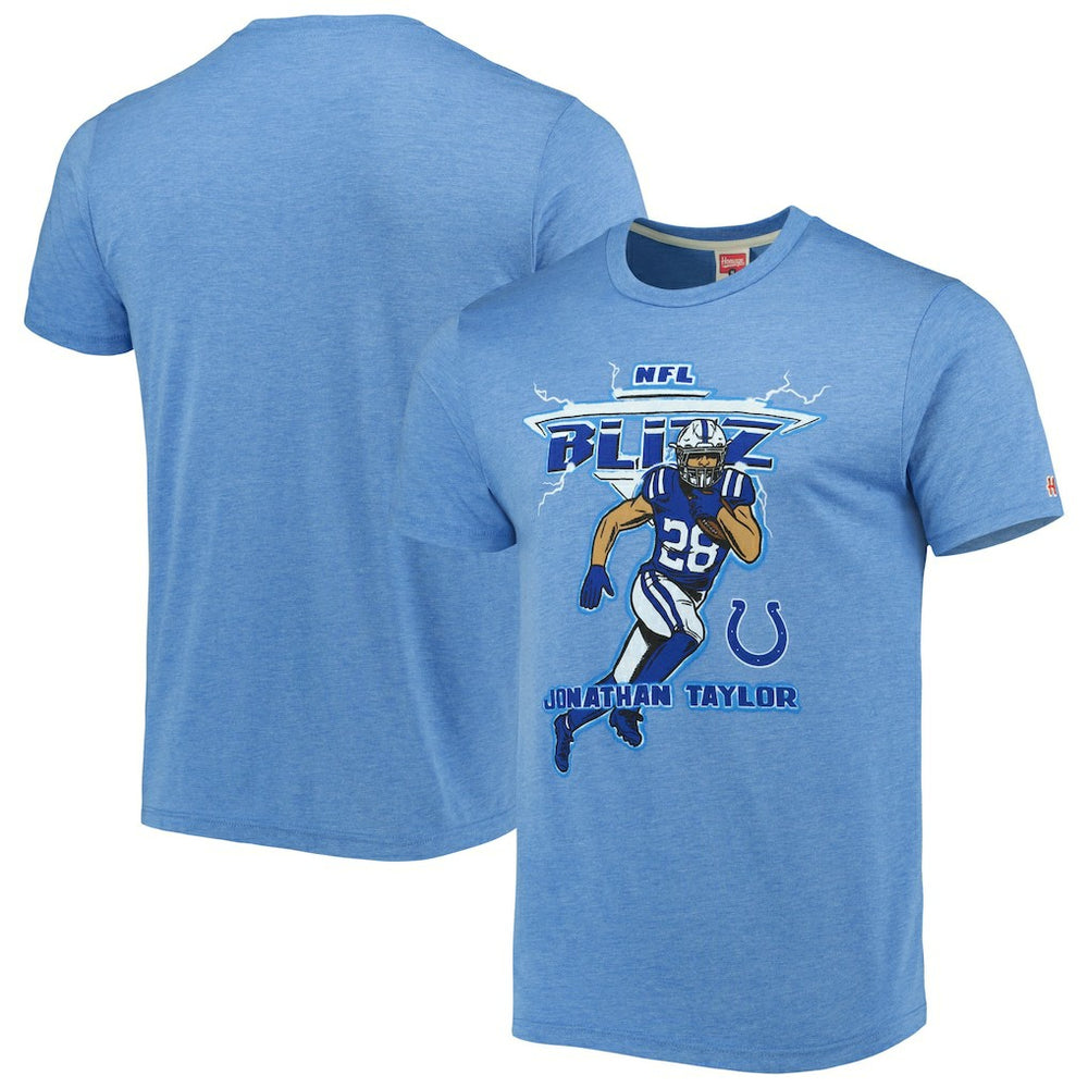 Jonathan Taylor Indianapolis Colts Homage Unisex NFL Blitz Player Tri-Blend T-Shirt Heathered Heather Royal | NFL